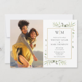 Monogram Botanical Greenery Photo Bröllop Inbjudningar