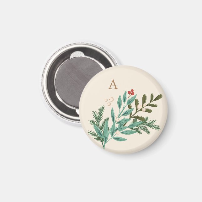 Monogram Botanisk Kräm Klassisk Jul Holiday Magnet (Front/Back)
