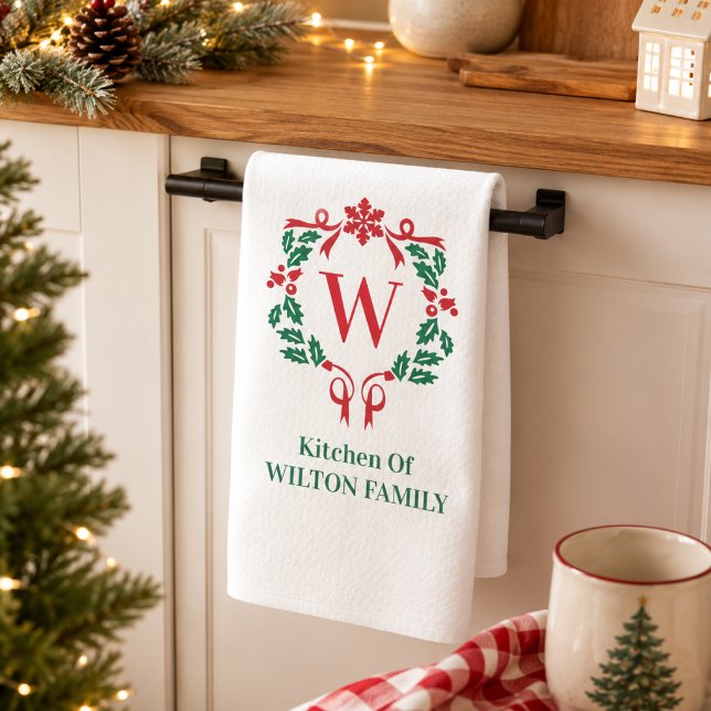 Monogram Botanisk Krans Jul Familjenamn Kökshandduk (kitchen towels christmas monogram elegant custom monogrammed  family name xmas winter rustic cute )
