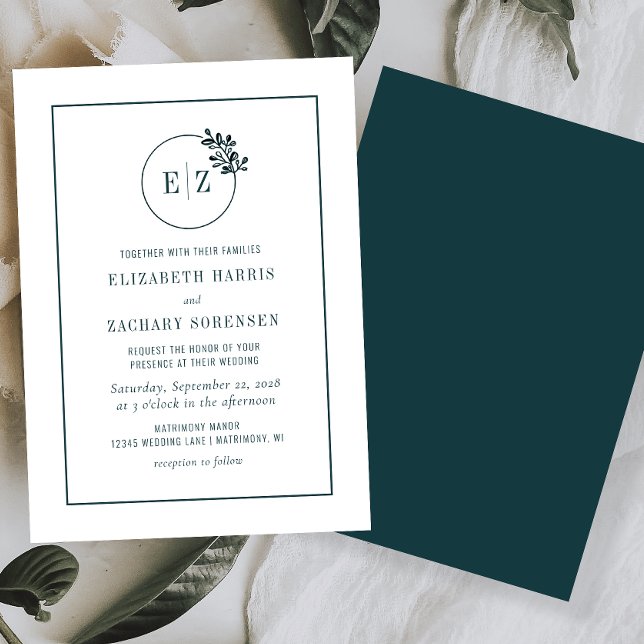 Monogram Botanisk Krans Smaragdgrön Bröllop Inbjudningar (Skapare uppladdad)
