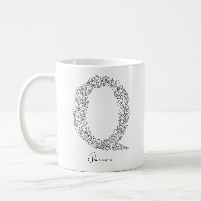 Monogram botaniska Blommigten Black White Brev Q Kaffemugg (Vänster)