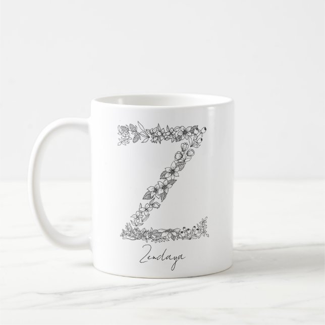 Monogram botaniska Blommigten Black White Brev Z Kaffemugg (Vänster)
