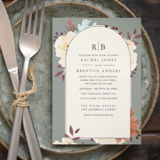 Monogram botaniska Blommigten Blended Family Bröll Inbjudningar
