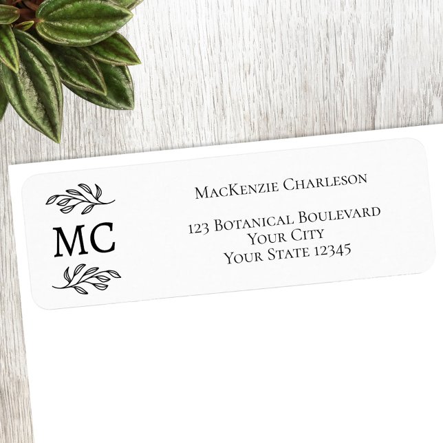 Monogram Botaniskt Blad Linje Konst Returadress Etikett (Monogram initial classical botanical personalized return address postage labels)