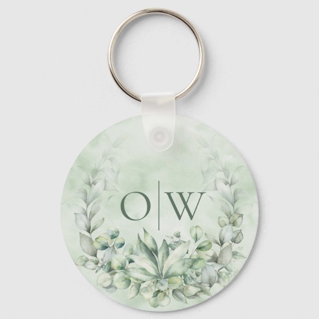 Monogram botaniskt eukalyptus Wedding Favor Nyckelring (Framsida)