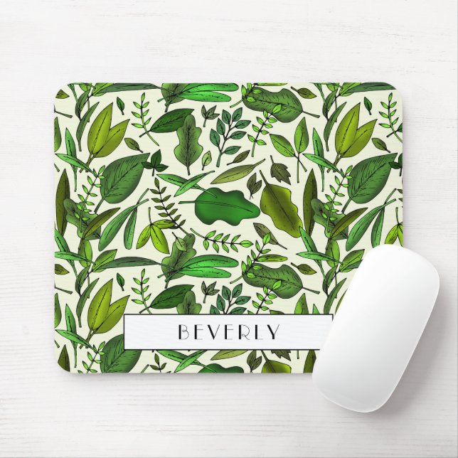 Monogram Botaniskt Grönt Bladsmönster Musmatta (Med mus)