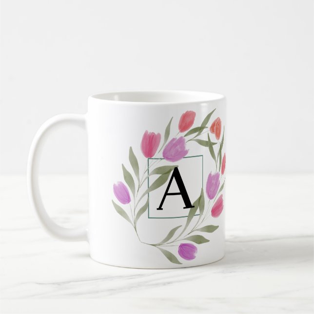 Monogram Brev A Black & White med blommor Kaffemugg (Vänster)