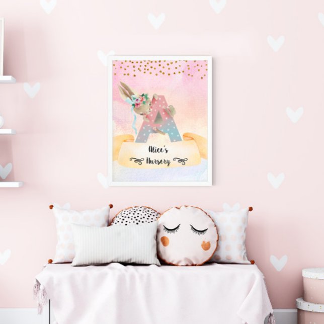 Monogram Brev A Cute Bunny Flicka Nursery Poster (Skapare uppladdad)