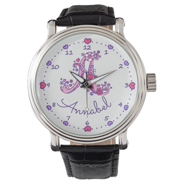 Monogram brev A doodle-hjärtflickor namn Armbandsur (Framsida)