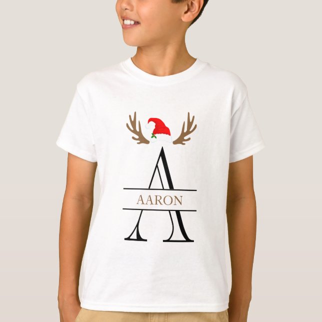 Monogram Brev A Julafton Namn Antlers Santa Hat T- T Shirt (Framsida)