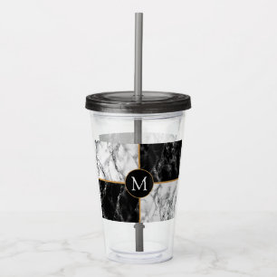 Monogram Brev Akryltumbler Svartvit marmor Take Away Mugg