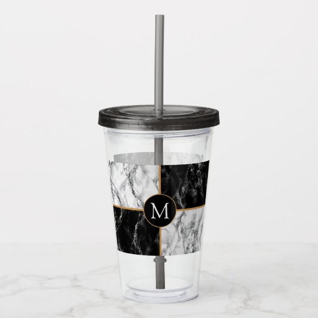 Monogram Brev Akryltumbler Svartvit marmor Take Away Mugg (Framsida)