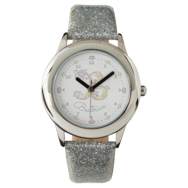 Monogram brev B doodle-hjärtflickor Beatrice namn Armbandsur (Framsida)