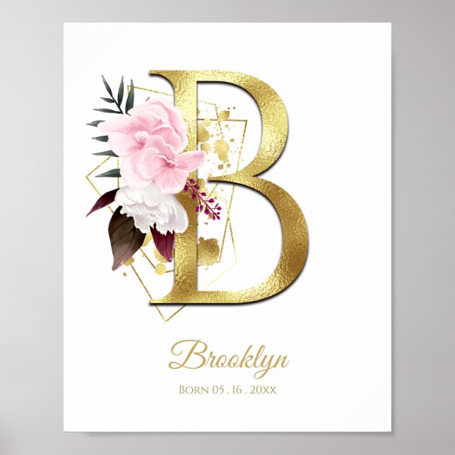 Monogram Brev B Guld Foil & Rosa Blommigt Nursery Poster (Framsidan)