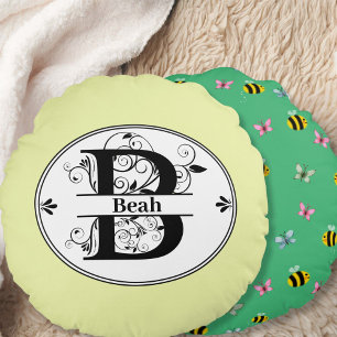 Monogram brev B med cute på baksidan mönster Rund Kudde