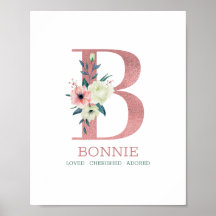 Monogram Brev B Rosa Watercolor Blommigt Nursery