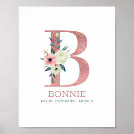 Monogram Brev B Rosa Watercolor Blommigt Nursery Poster