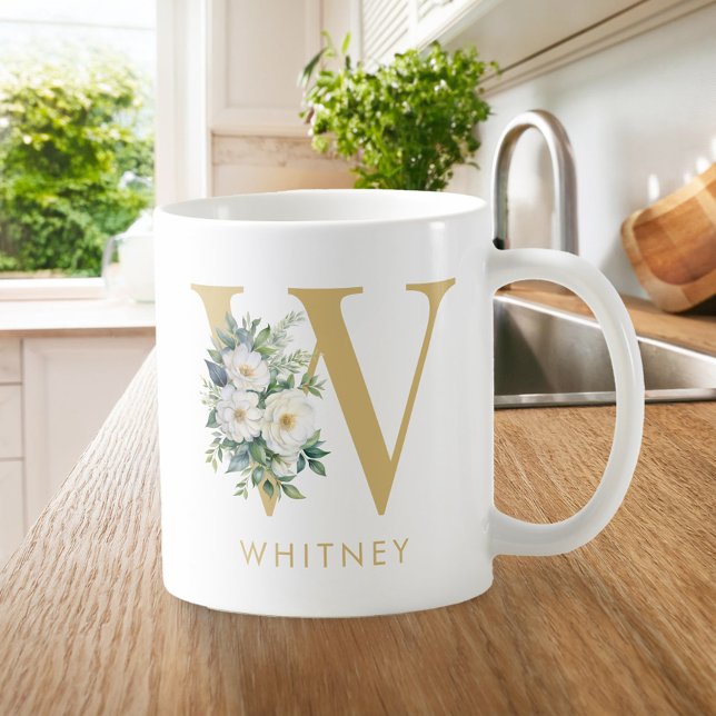 Monogram Brev Blommigt Initial Namn Kaffemugg (Skapare uppladdad)