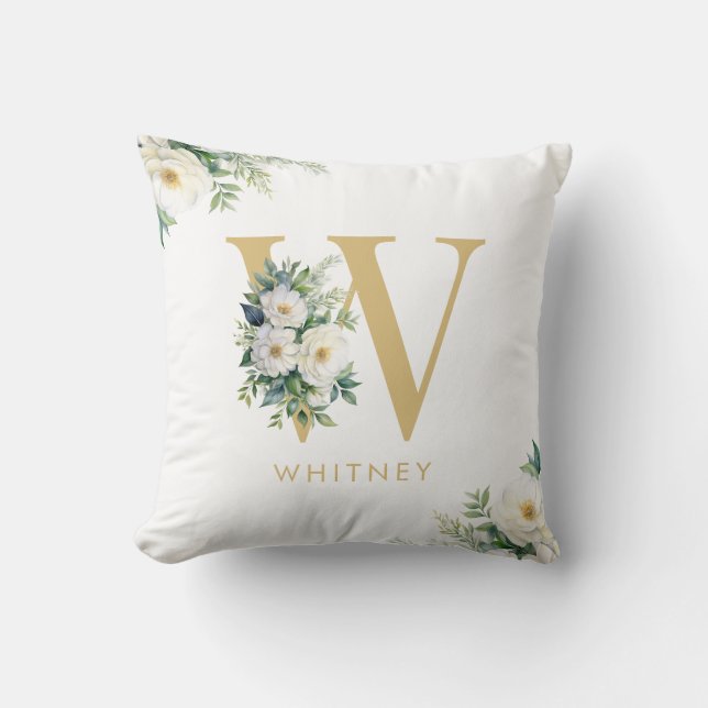 Monogram Brev Blommigt Initial Namn Kudde (Framsida)