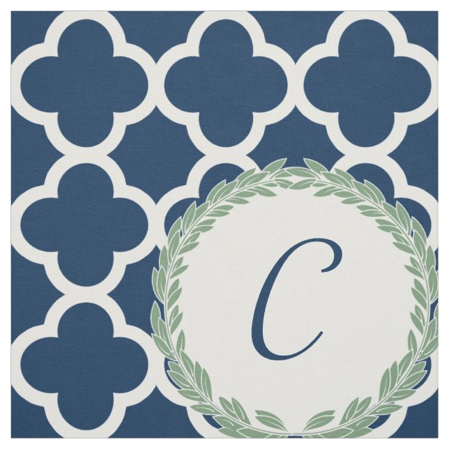 Monogram Brev Blue med Grönt Utandning Quatrefoil Tyg (Provkarta)