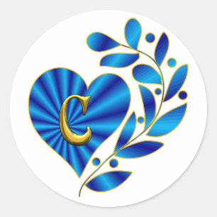 Monogram Brev C Blue Heart Runt Klistermärke