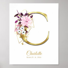 Monogram Brev C Guld Foil & Rosa Blommigt Nursery Poster