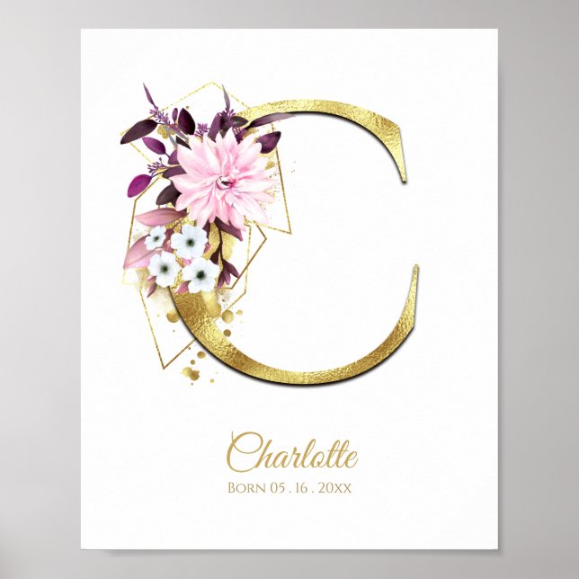 Monogram Brev C Guld Foil & Rosa Blommigt Nursery Poster (Framsidan)
