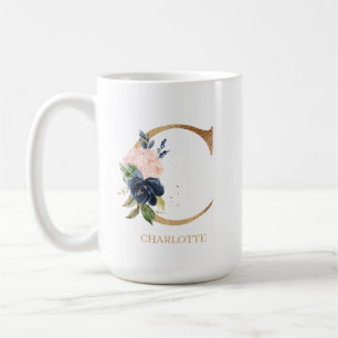 Monogram Brev ’C’-Personlig för marin  Blommi Kaffemugg