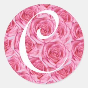 Monogram Brev C Rosa ros Sticker Runt Klistermärke