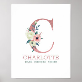 Monogram Brev C Rosa Watercolor Blommigt Nursery Poster