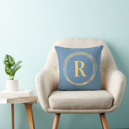 Monogram Brev - cirkler för Dusty Blue Guld Kudde