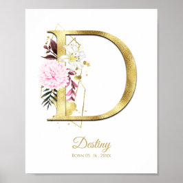 Monogram Brev D Guld Foil & Rosa Blommigt Nursery Poster