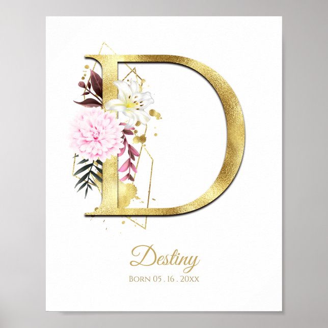Monogram Brev D Guld Foil & Rosa Blommigt Nursery Poster (Framsidan)