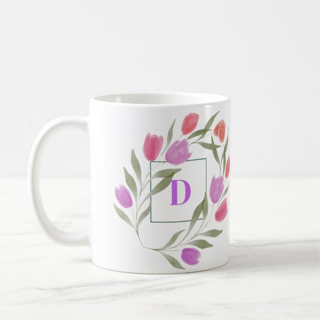 Monogram Brev D Lila & White med blommor Kaffemugg (Vänster)
