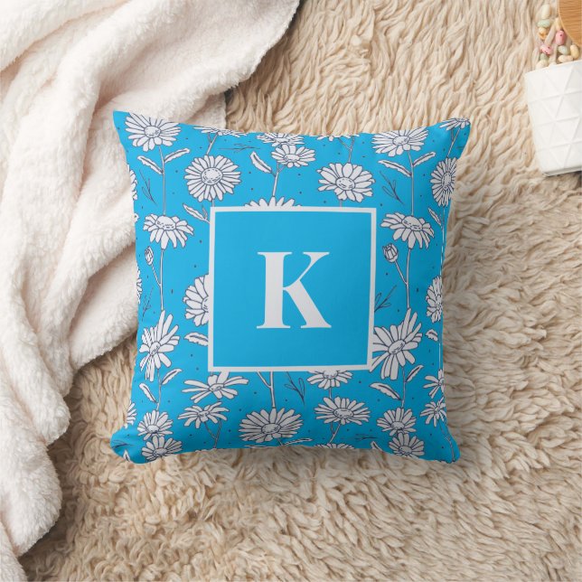 Monogram Brev Daisy Flower Doodle Blommönster Kudde (Filt)