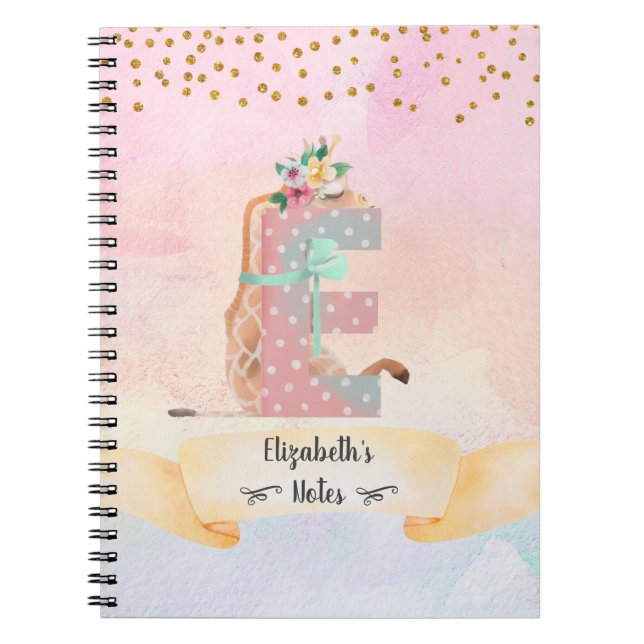 Monogram Brev E Baby Giraffe Girl Daily Diary Anteckningsbok (Framsidan)