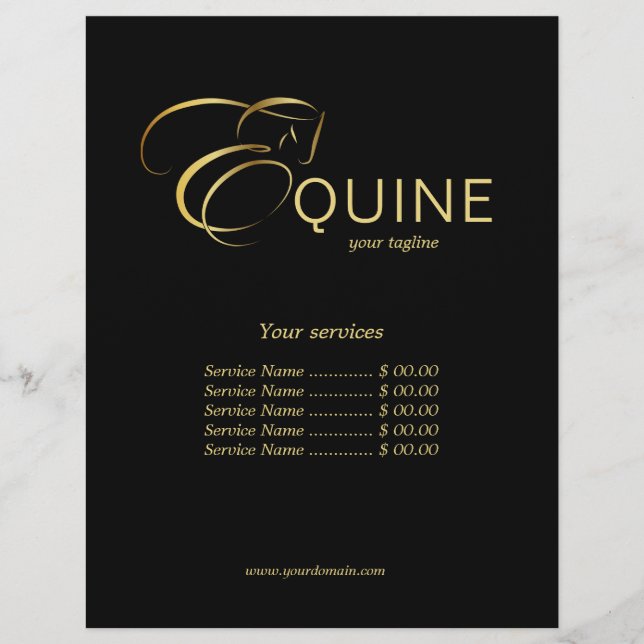 Monogram Brev E-häst i guld färg Reklamblad (Framsidan)