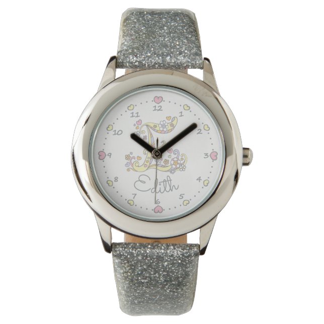 Monogram brev E hjärtan och blommor Edith anpassni Armbandsur (Framsida)