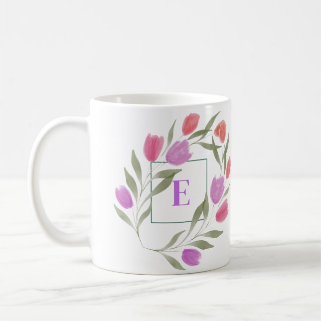 Monogram Brev E Lila & White med blommor Kaffemugg (Vänster)