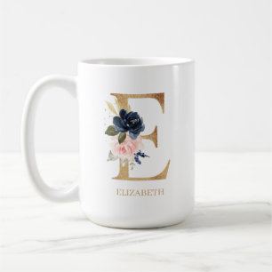 Monogram Brev ’E’-Personlig för marin  Blommi Kaffemugg