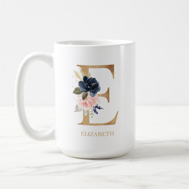 Monogram Brev ’E’-Personlig för marin  Blommigt Kaffemugg (Vänster)