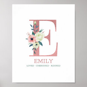 Monogram Brev E Rosa Watercolor Blommigt Nursery Poster