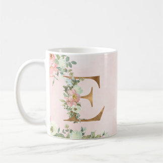 Monogram Brev E Watercolor Blommigt Coffee Mugg