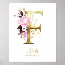 Monogram Brev F Guld Foil & Rosa Blommigt Nursery