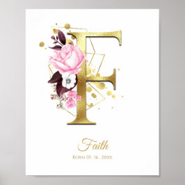 Monogram Brev F Guld Foil & Rosa Blommigt Nursery Poster