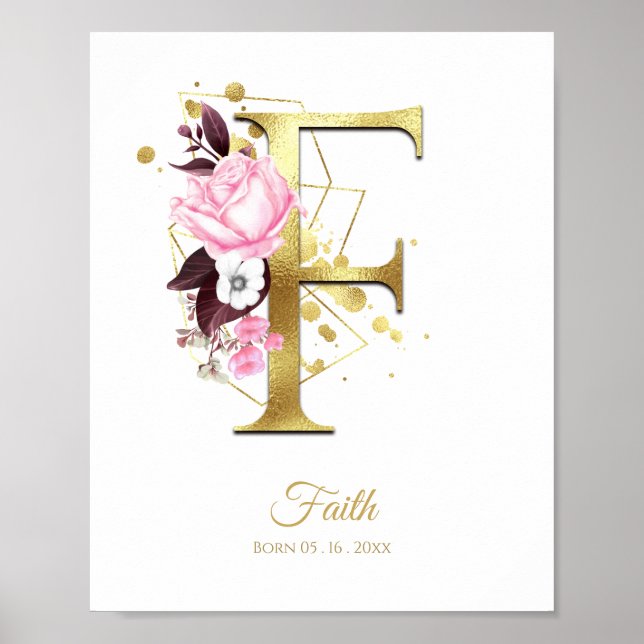 Monogram Brev F Guld Foil & Rosa Blommigt Nursery Poster (Framsidan)