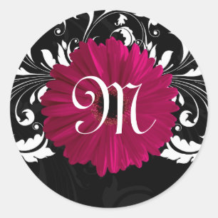 Monogram Brev Fuchsia, Black/White Gerbera Daisy Runt Klistermärke