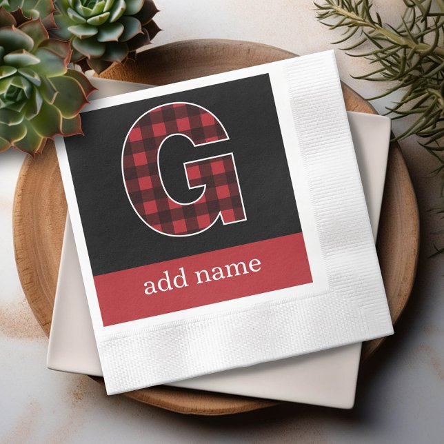 Monogram Brev G - Black and Red Buffalo Play Pappersservett (Custom Napkin)