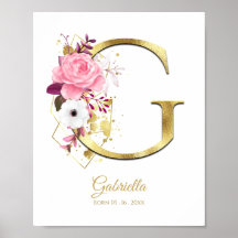 Monogram Brev G Gold Foil & Rosa Blommigt Nursery