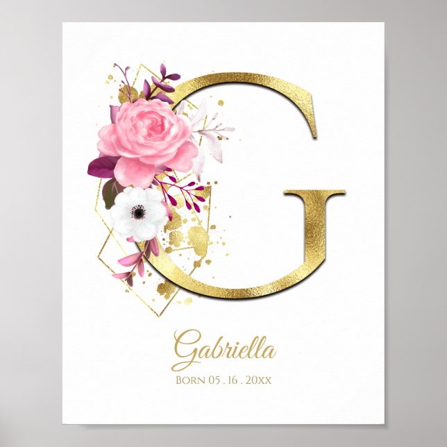 Monogram Brev G Gold Foil & Rosa Blommigt Nursery Poster (Framsidan)